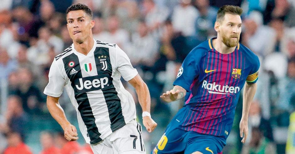 Cristiano Ronaldo y Messi corriendo, en un montaje en el que ambos están en el mismo estadio con los uniformes de la Juventus y Barcelona respectivamente