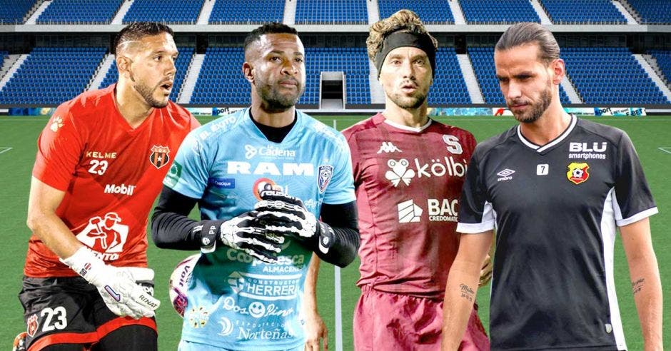 Leonel Moreira, Alajuelense, Patrick Pemberton, San Carlos, Christian Bolaños, Saprissa y Yendrick Ruiz del Herediano, en un montaje con una cancha de fondo, vestidos con los uniformes de sus clubes.