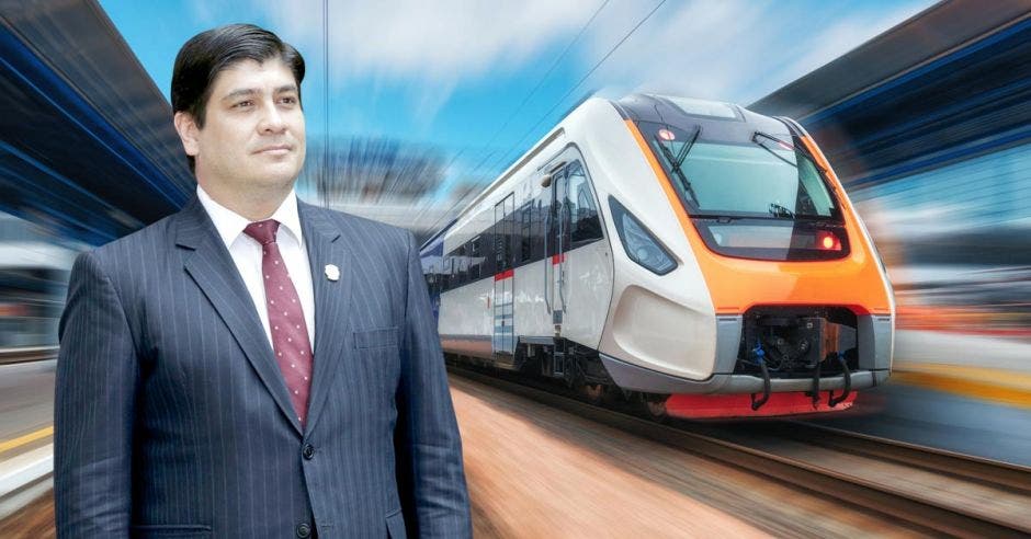 Arte donde aparece el presidente junto a un tren moderno