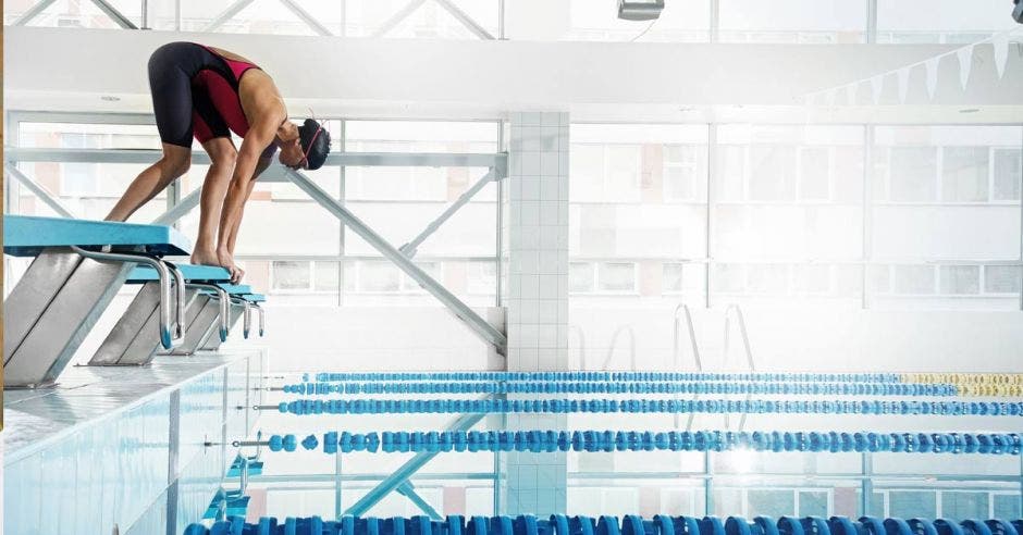 nadador se va a lanzar en una piscina