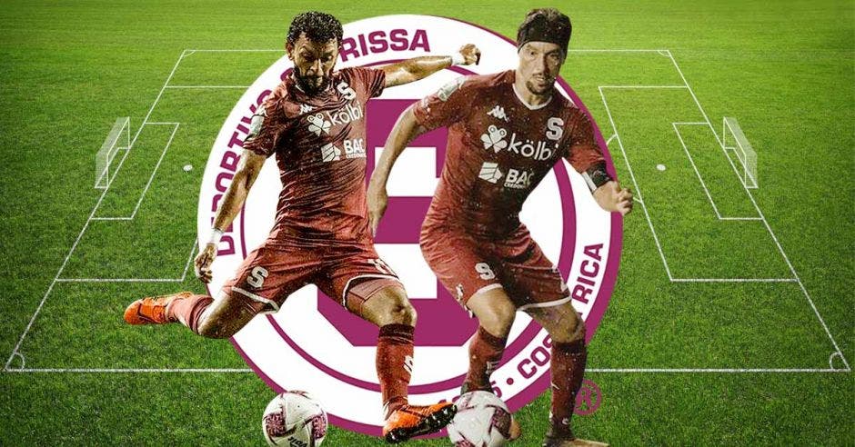 Michael Barrantes y Christian Bolaños sobre un escudo de Saprissa