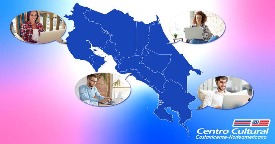 Un mapa de Costa Rica con personas con computadoras y el logo del Centro Cultural Costarricense Norteamericano