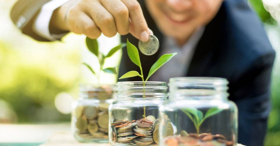 Vemos un hombre poniendo una moneda en una plantita.