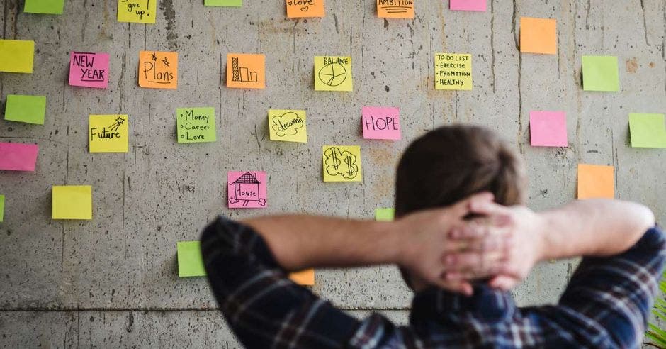 Vemos a un emprendedor viendo su pared de objetivos