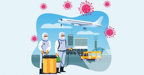 Personas desinfectando un aeropuerto