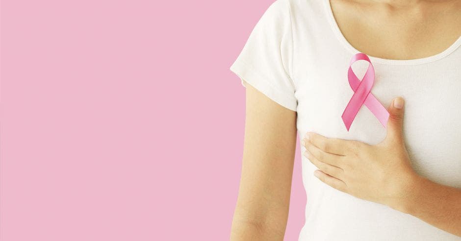 Imagen de una mujer que sostiene un lazo rosa en representación del cancer de seno