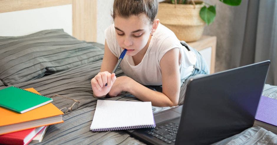 Una persona estudiando en su cama con cuadernos y una computadora