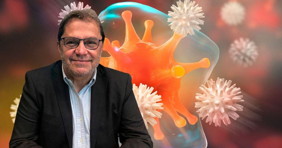 Rolando Herrero, director científico de ACIB y un dibujo de un virus y un aro protector simulando defensas.