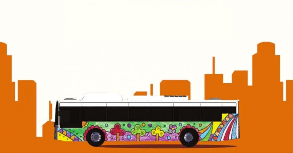 un bus multicolor sobre un fondo blanco con anaranjado