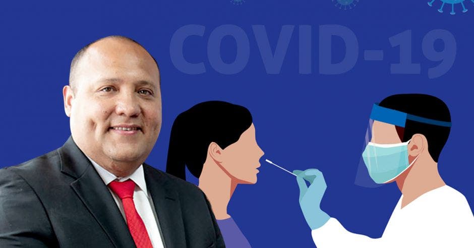 Mario Ruiz, gerente médico y una ilustración de personas haciendo una prueba de Covid-19