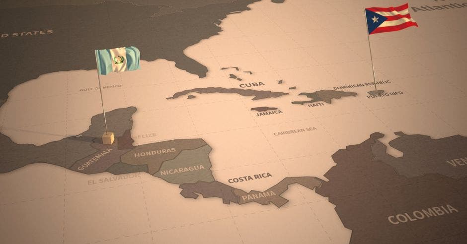 un mapa con Guatemala y Puerto Rico resaltados con el color de sus banderas