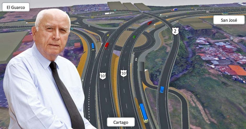 Rodolfo Méndez, ministro de Obras Públicas, con el diseño de la intersección de La Lima de Cartago de fondo