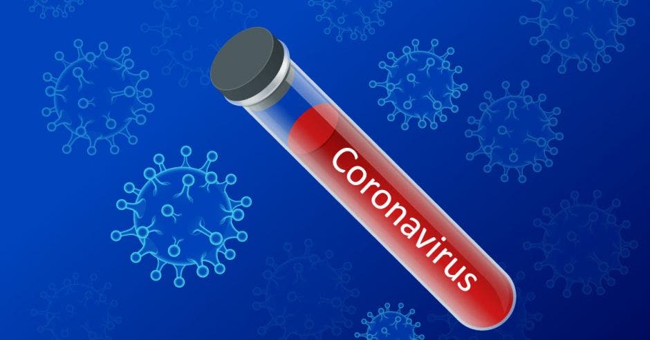Un tubo de ensayo con sangre y la palabra coronavirus