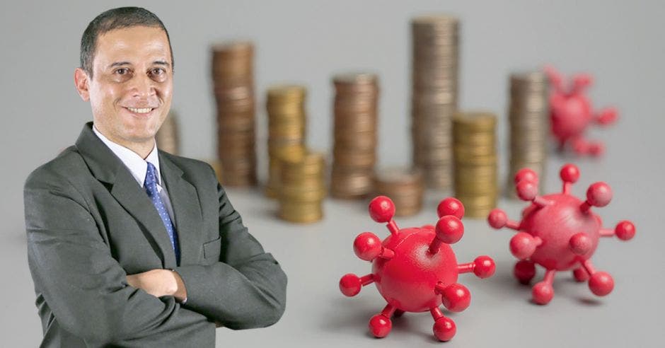 Luis Diego Calderón, gerente financiero de la Caja y una imagen de unas monedas y Covid-19