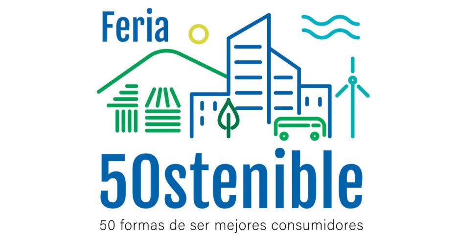 un logo que dice feria sostenible con el número 50 en letras azules y sobre un fondo blanco