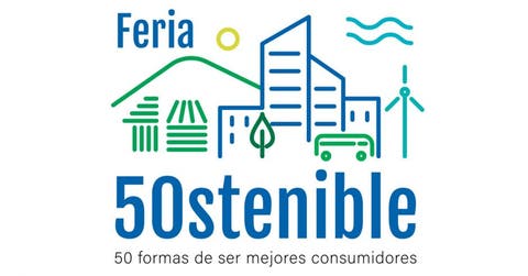 un logo que dice feria sostenible con el número 50 en letras azules y sobre un fondo blanco
