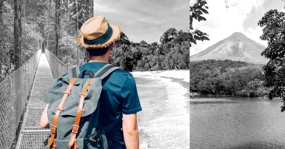 un hombre joven mira el horizonte en escala de grises. Concepto de turismo