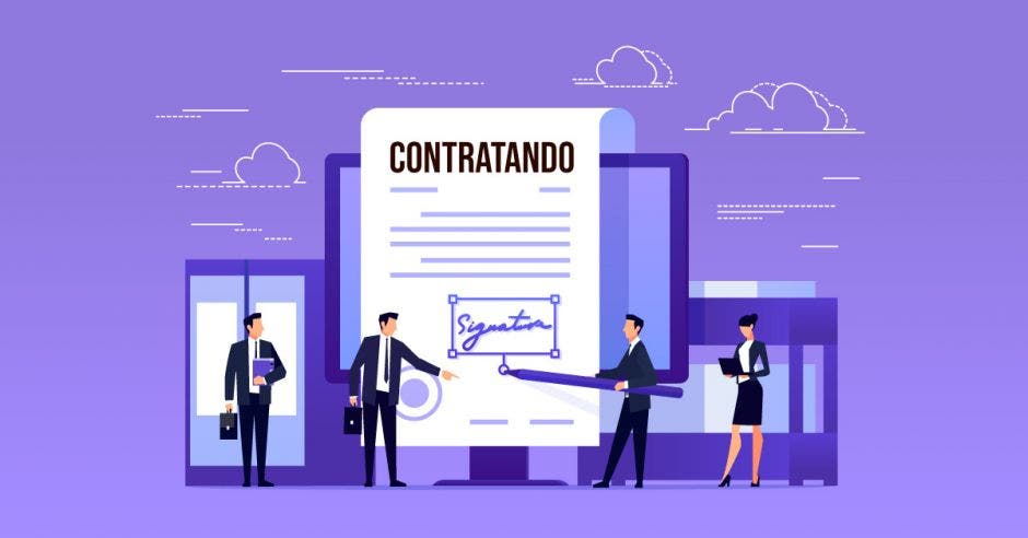 Un dibujo de un contrato laboral y dos personas firmándolo