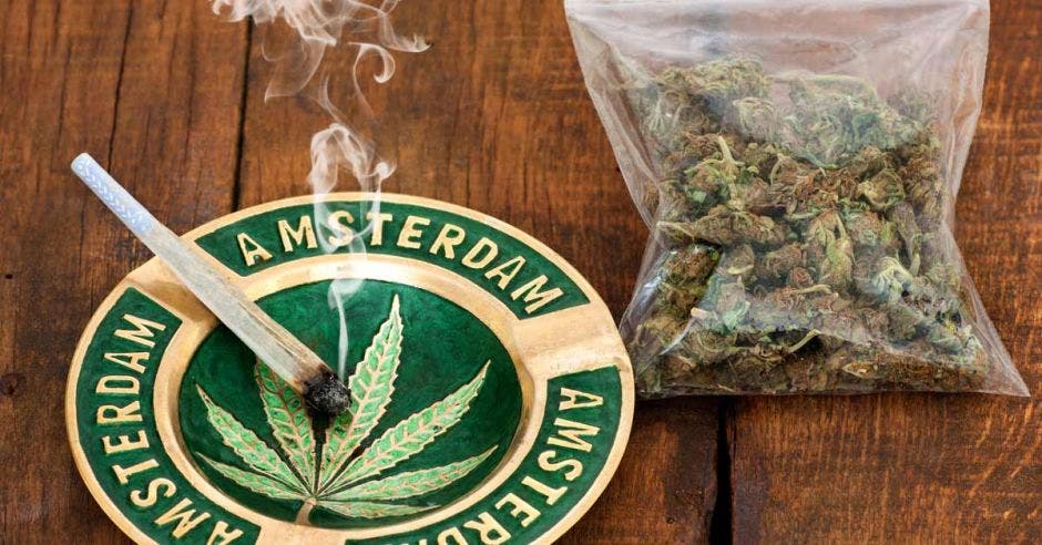 Puro de marihuana en un cenicero con cartel de Amsterdam y una gran bolsa de plástico de marihuana sobre fondo de madera