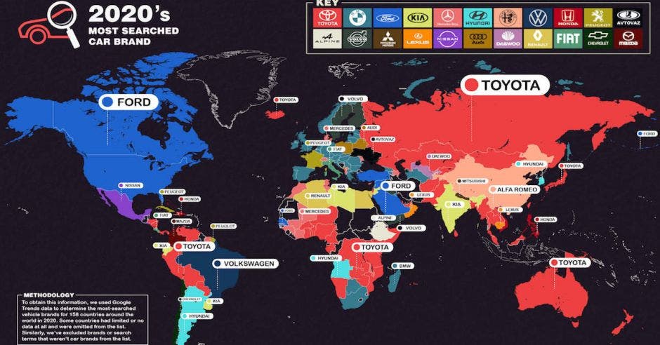 mapa que muestra la búsqueda de marcas de carros