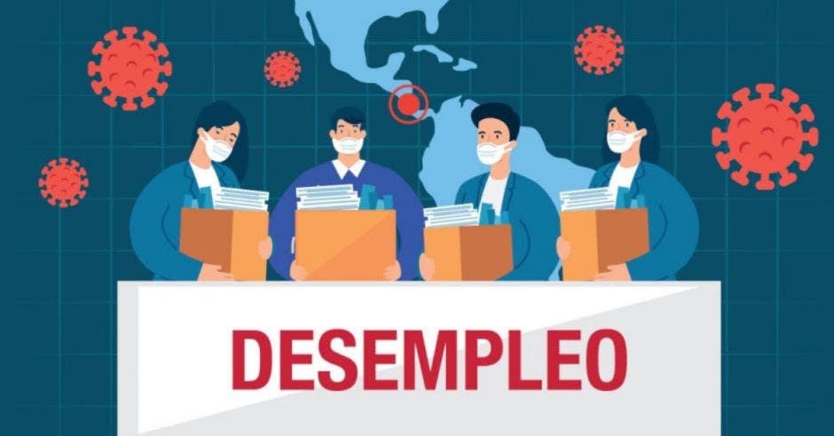 dibujo de personas con cubrebocas cargando cajas con la palabra DESEMPLEO