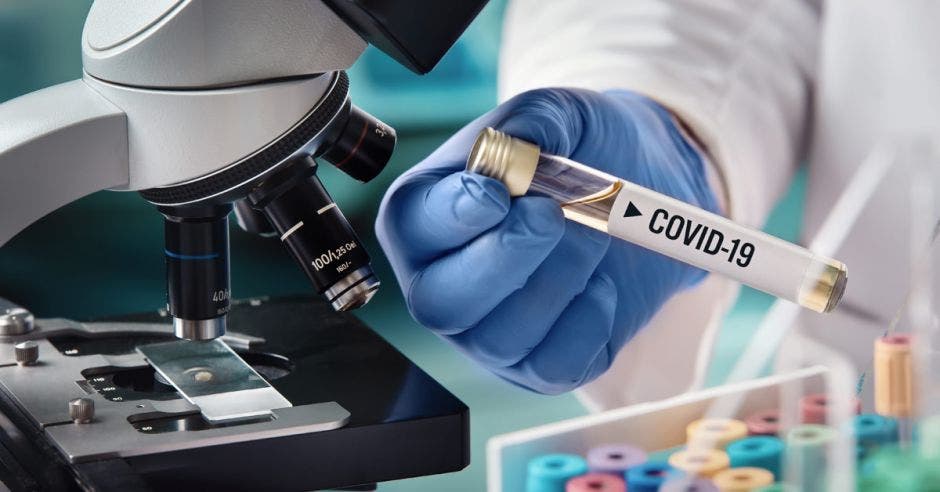 Un microscopio y una mano sosteniendo un test de Covid-19
