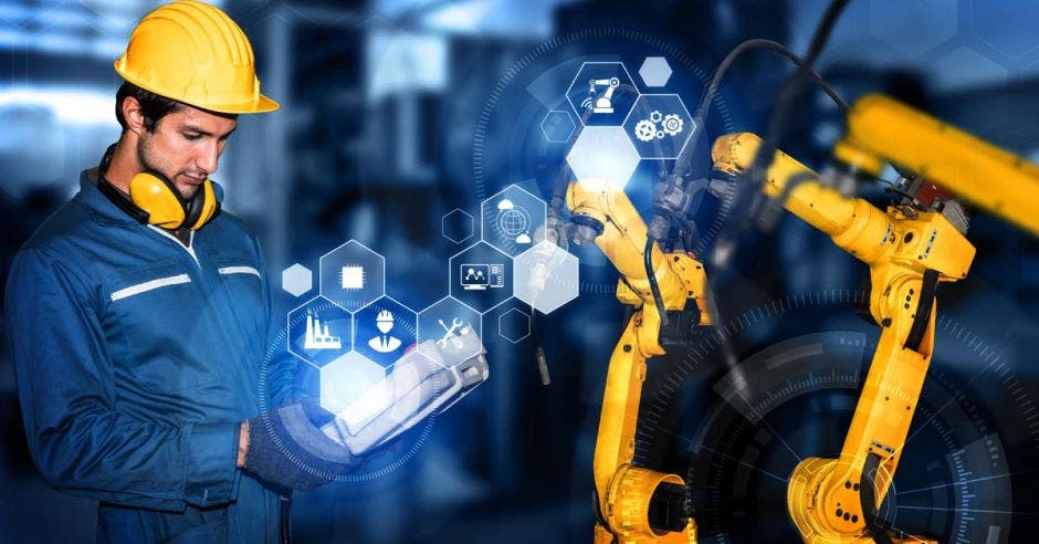 Robots de la industria inteligente para la tecnología de producción de la fábrica digital que muestran el proceso de fabricación de automatización de la 4.0 o 4ª revolución industrial de la industria y software IOT para controlar el funcionamiento
