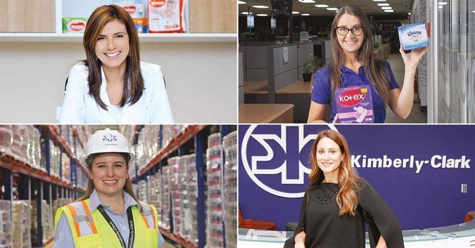 cuatro mujeres en una cuadricula, una con traje blanco, otra con camisa azul, otra con casco y otra con vestido negro