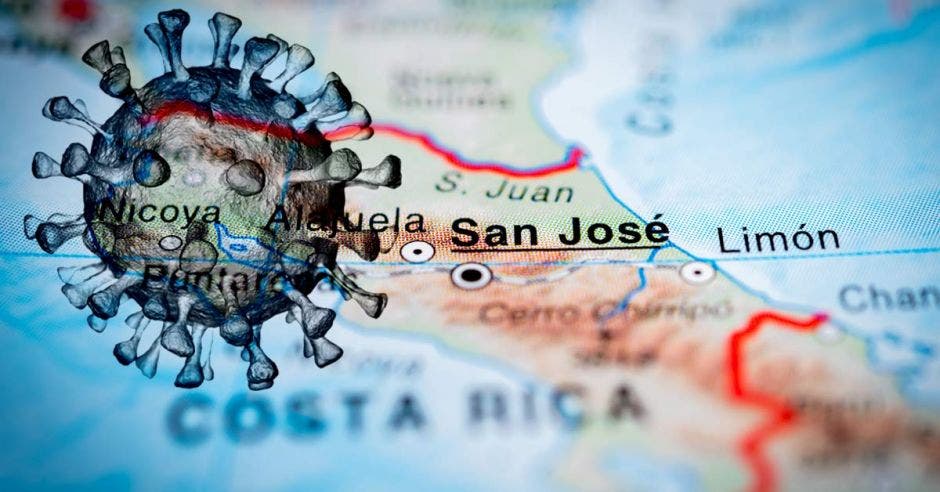 Un mapa de Costa Rica ubicando a San José y una figura del Covid-19