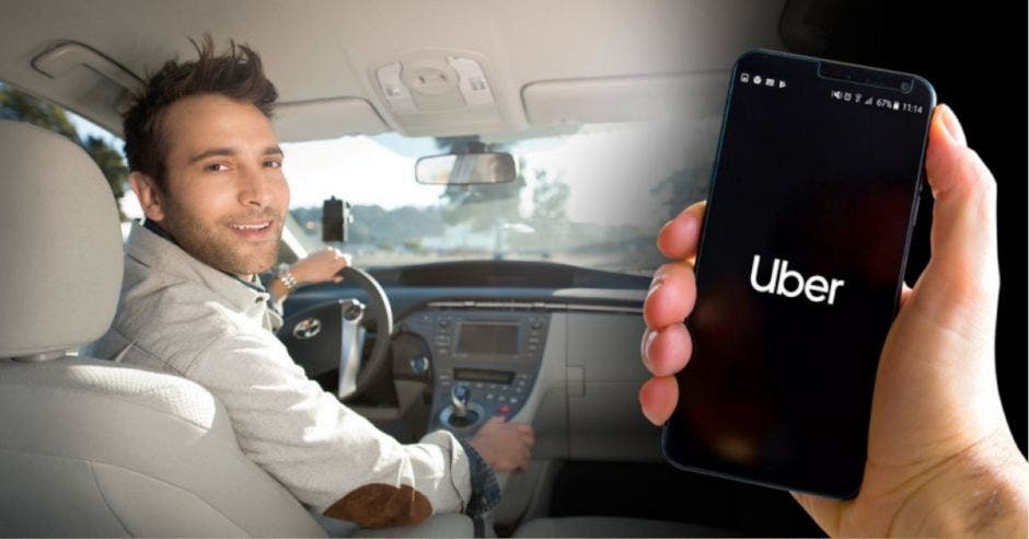 conductor  volteando atrás y mano sosteniendo celular con aplicación de Uber