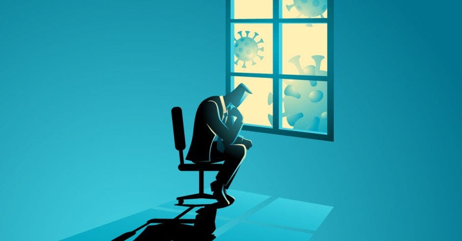 un hombre sentado en una silla, mira el coronavirus por la ventana. Fondo azul con detalles en azul claro.