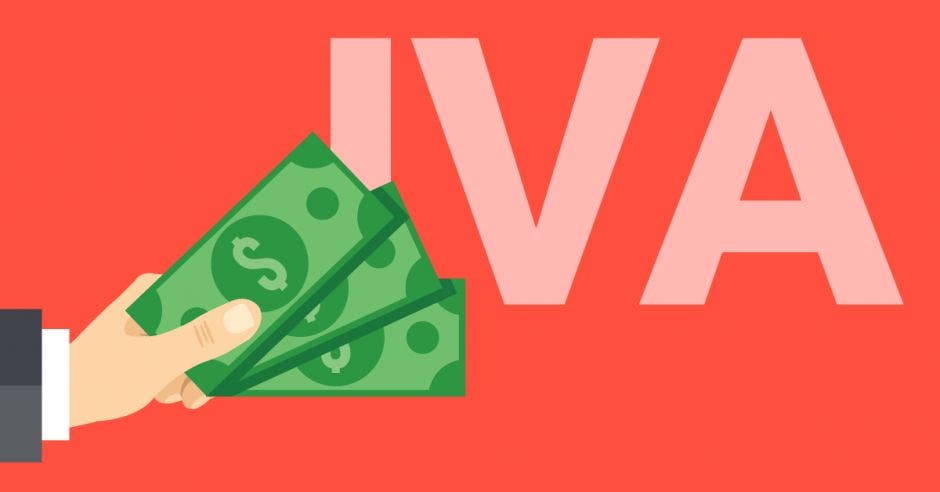una persona entrega un fajo de billetes de un dolar. Fondo rojo con la palabra IVA.