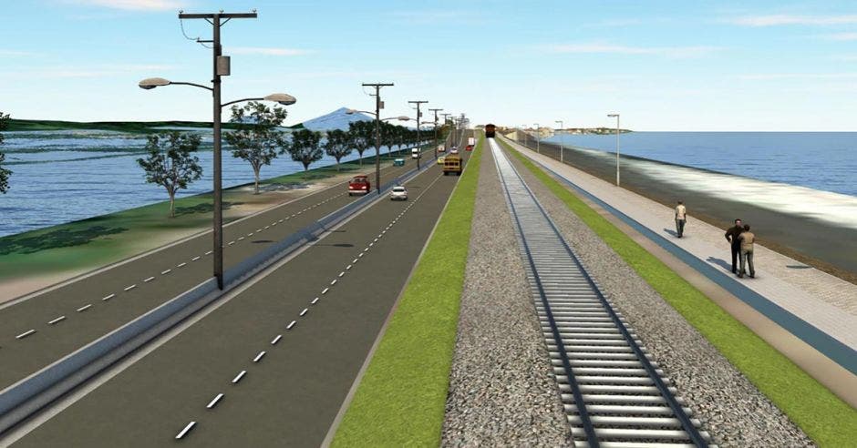 Render donde muestra los cuatro carriles, aceras, ciclovía y la línea del tren que concluirán en la entrada a Puntarenas