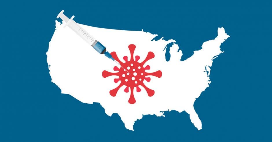 un mapa de los estados unidos con un símbolo de Coronavirus en el centro