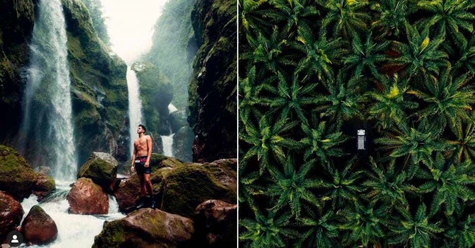 un hombre sin camisa posa bajo una larga catarata