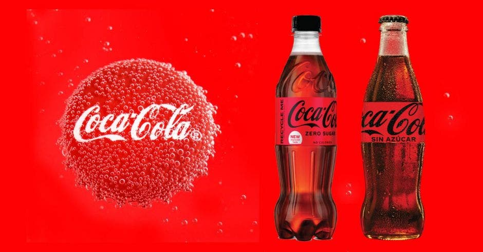 dos botellas de coca cola sobre un fondo rojo