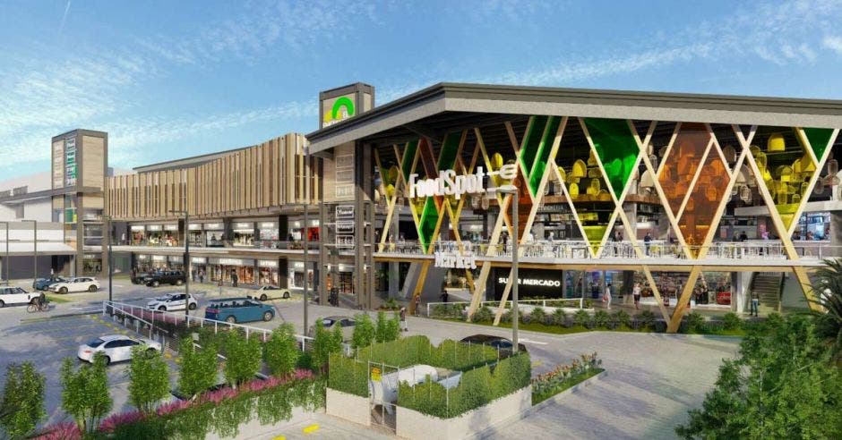 Render de un centro comercial en construcción. Food court con una fachada multicolor y detalles en madera