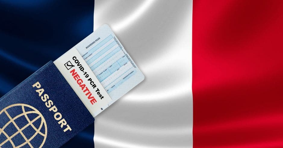 Pasaporte de viaje, tarjeta de embarque y resultado negativo de la prueba de PCR COVID-19 para Francia