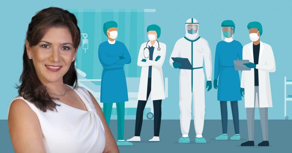 mujer de cabello castaño con blusa blanca de fondo dibujo de médicos