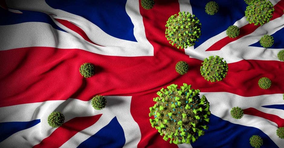 una bandera de reino unido con íconos del virus covid-19