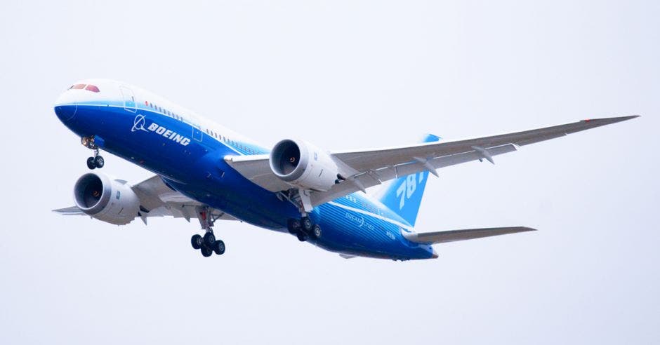 un avión azul con ribetes blancos. Boeing 787.