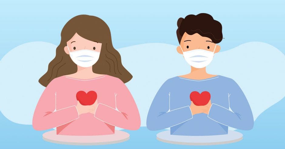 hombre y mujer con mascarilla y un corazón entre las manos