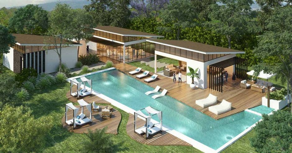 Render del área de casa club y piscina de Hacienda Peraz