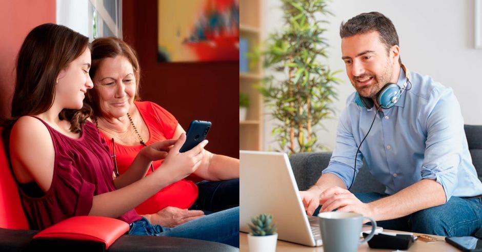 Hombre en computadora y dos mujeres viendo celular