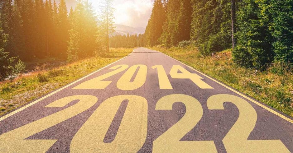 Un arte con una carretera con las fechas 2014 arriba y 2022 abajo