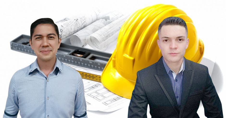 Los ingenieros civiles Stephan Rodríguez y Andrey Bogantes con un arte de fondo de un casco ce construcción y planos