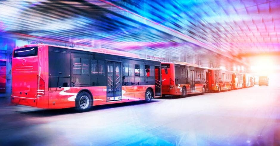 Varios buses rojos en una estación