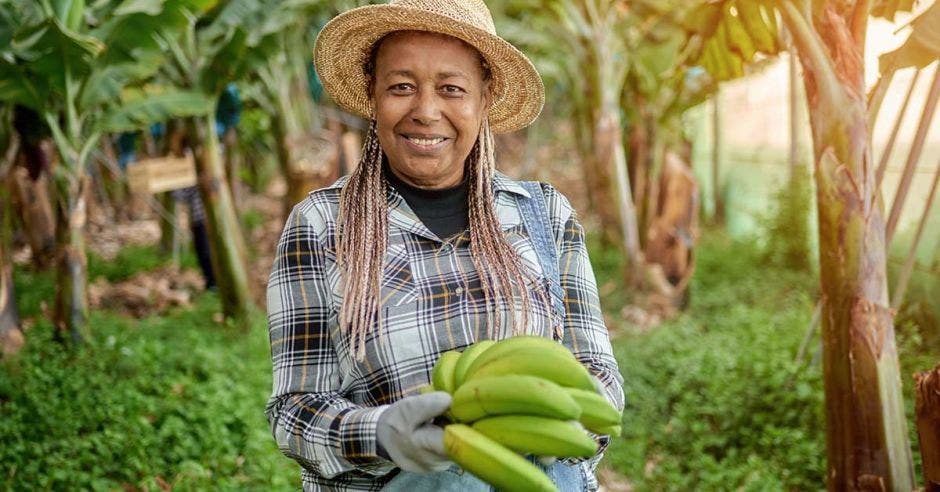 Una mujer sosteniendo ocho bananos