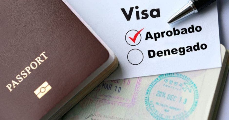 Un pasaporte y en una hoja dice visa aprobado y denegado.