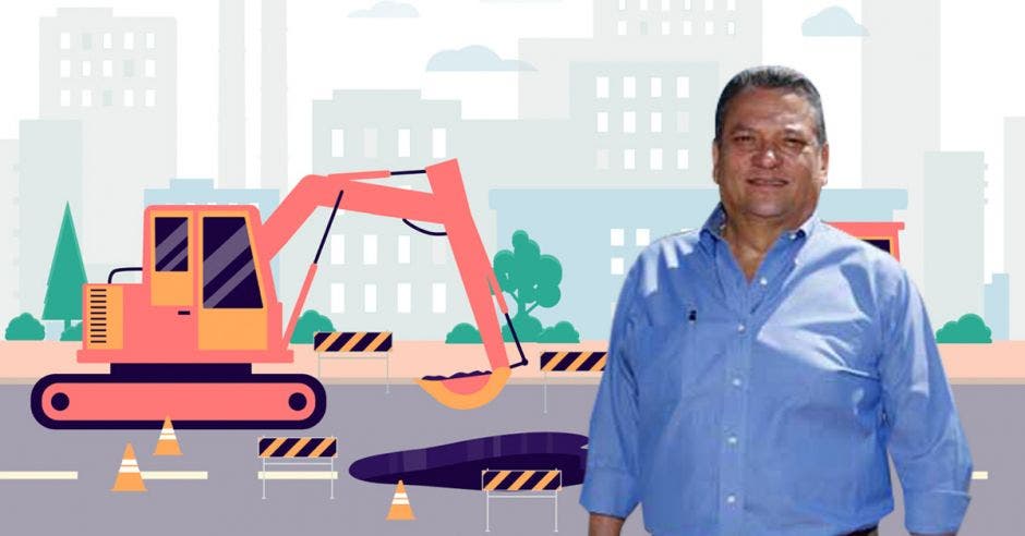 Johnny Araya, alcalde de San José, con un dibujo de fondo de una maquinaria trabajando